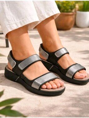 Naot Womens Odyssey Blk Leather/Silver  Wedge Slingback Sandals EU 42/US 11-11.5